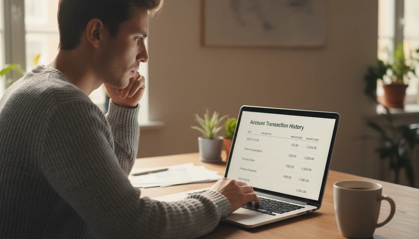 Person reviewing account transaction history on laptop screen