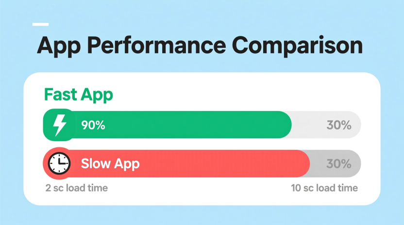 Performance metrics dashboard showing loading time comparison bars from 2 seconds to 10 seconds and frame rate comparisons