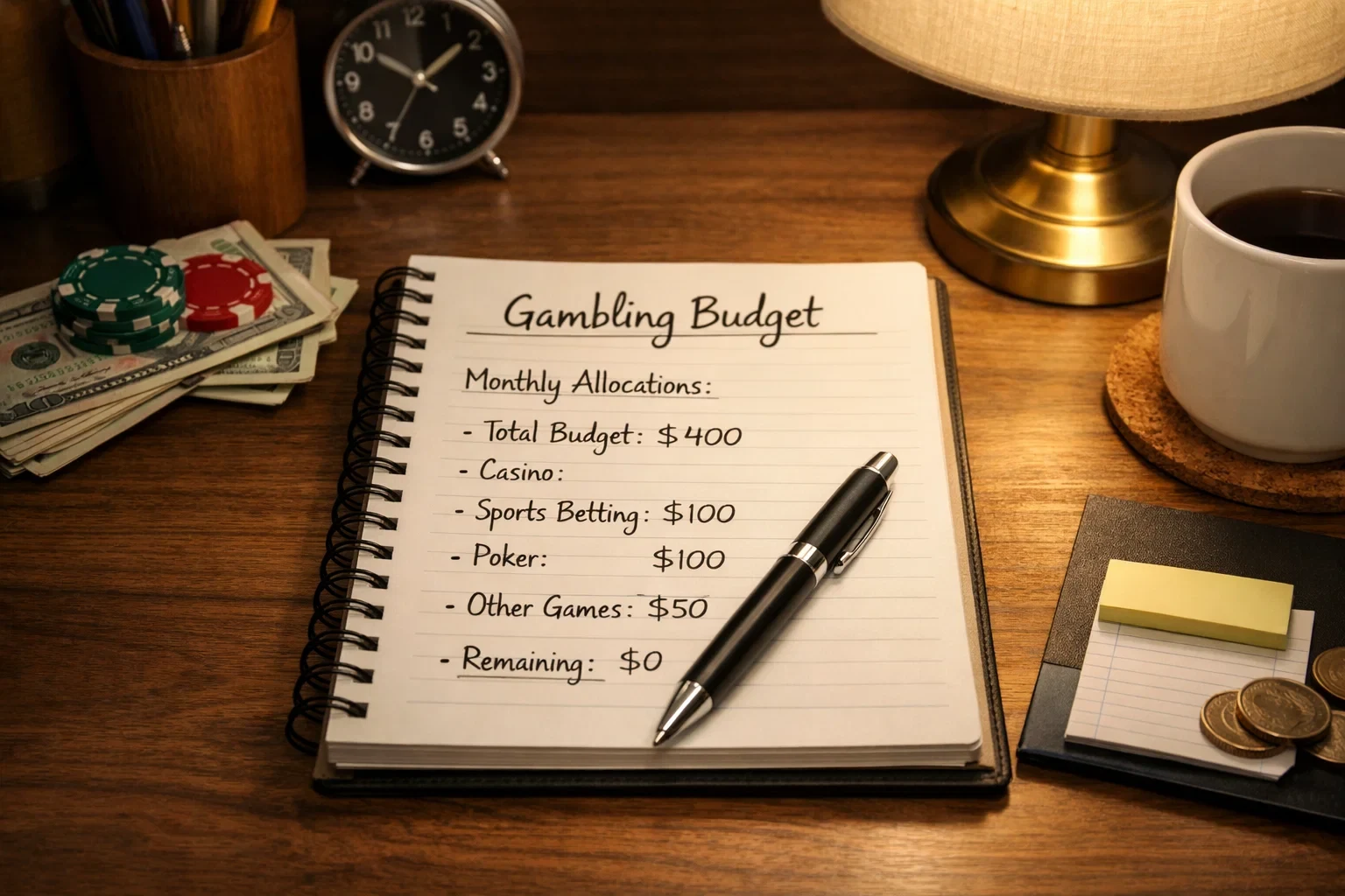 Organized desk with notebook showing budget planning and calculator for gambling bankroll