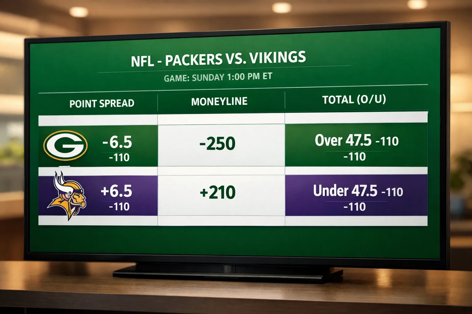 Sportsbook screen displaying point spread, moneyline, and total betting options for NFL game
