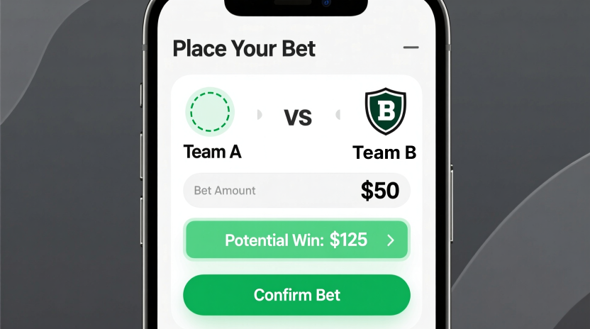 Mobile phone screen mockup showing professional betting slip with bet details, odds, and payout amount clearly displayed