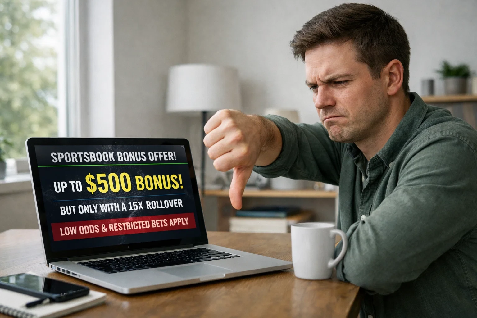 Person at desk with laptop showing thumbs down gesture indicating rejection of poor bonus offer