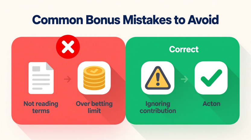 Common bonus mistakes and warnings guide showing error versus correct approach comparison