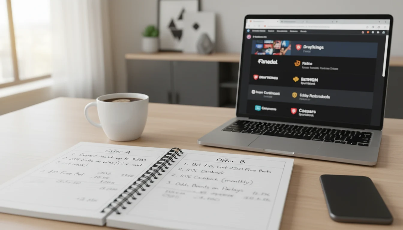 Notebook with handwritten bonus comparison notes next to laptop showing sportsbook websites