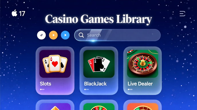 Mobile casino games interface showing grid layout of different game types including slots, table games, and live dealer sections