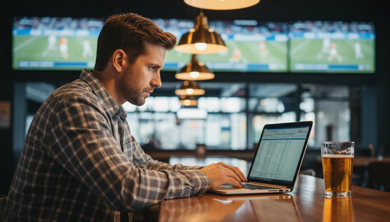 Sports bettor analyzing betting options on laptop in modern sports bar