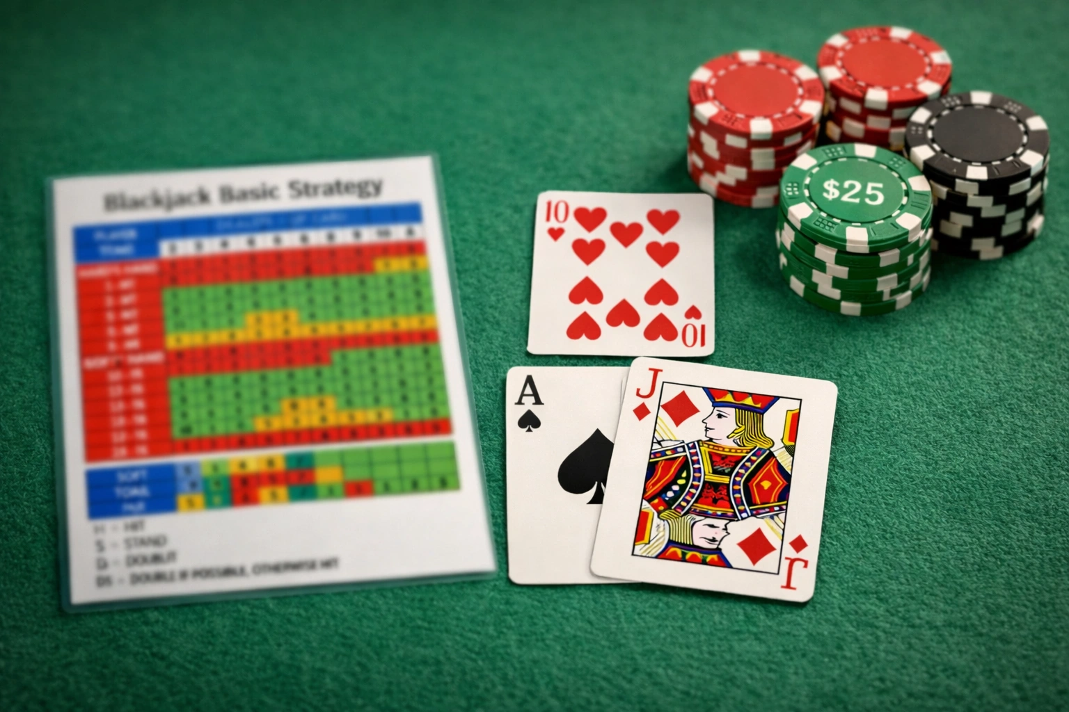Blackjack strategy card next to cards and chips on casino table
