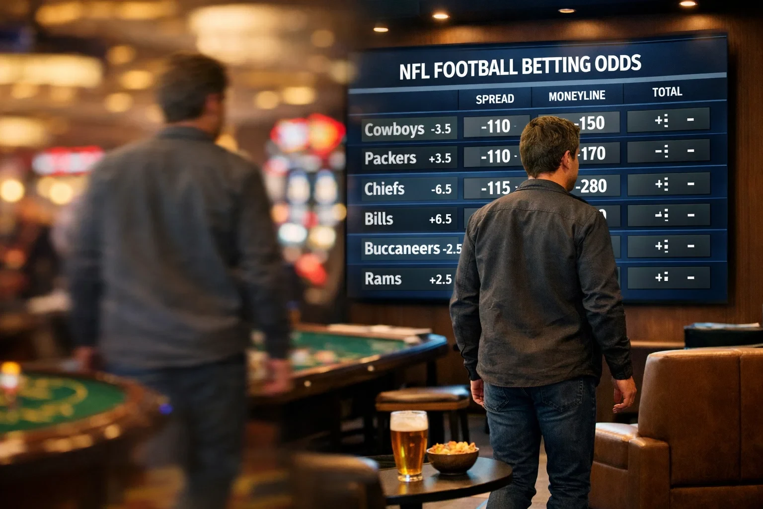 Person transitioning from casino table games to sports betting screen showing football odds