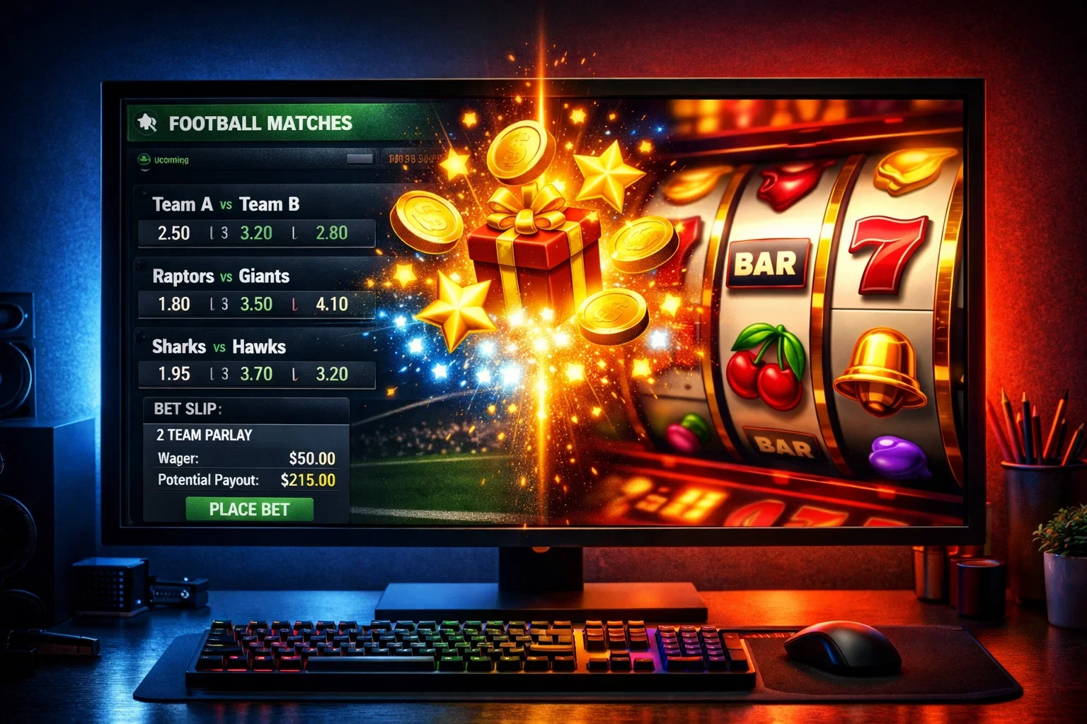 Split screen showing sports betting on one side and casino slots on the other with reward icons connecting them