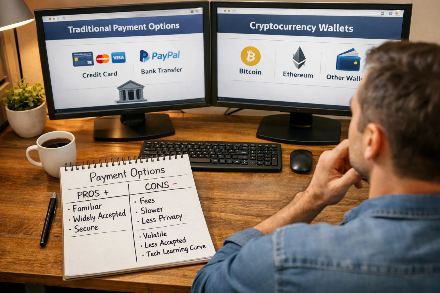 Person thoughtfully comparing traditional and cryptocurrency payment options on computer