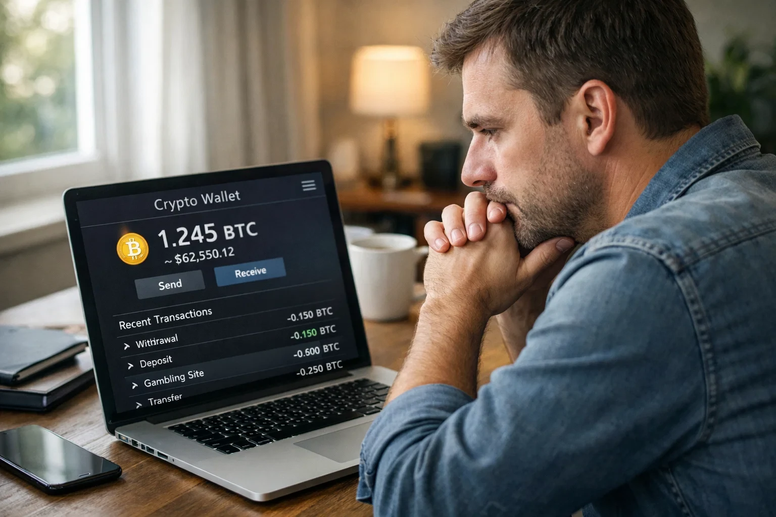 Person reviewing cryptocurrency wallet on laptop with cautious expression