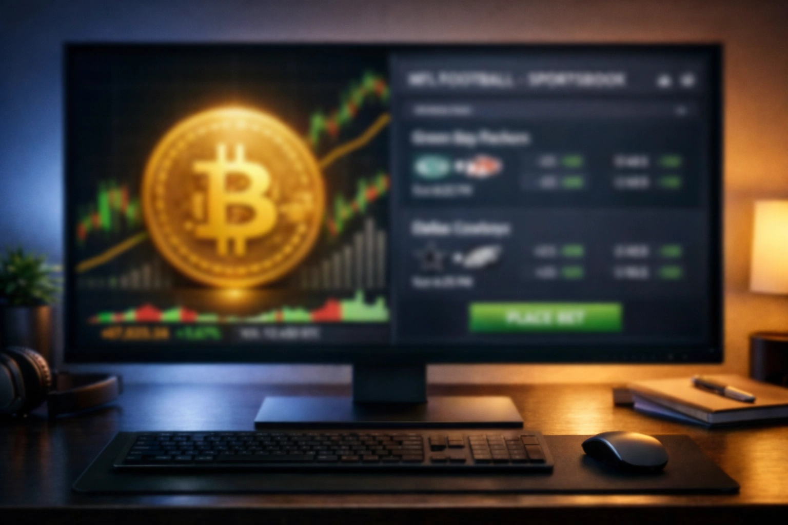 Bitcoin symbol displayed on screen next to sportsbook betting interface