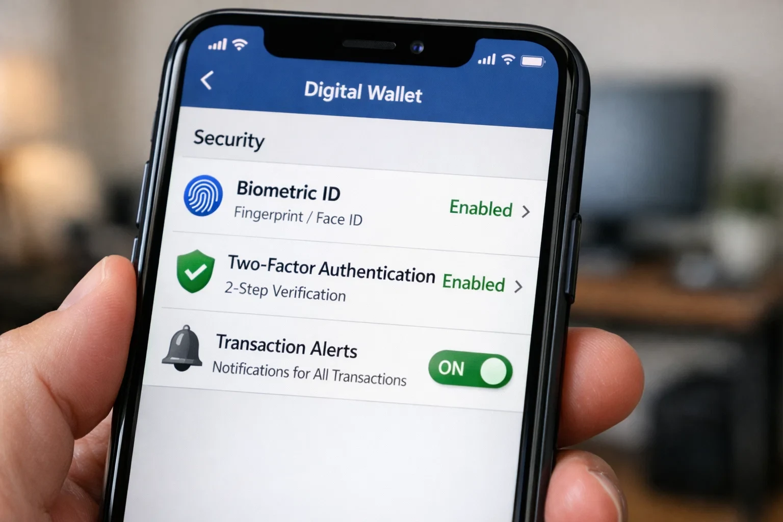 Close-up of smartphone with digital wallet app showing security features enabled
