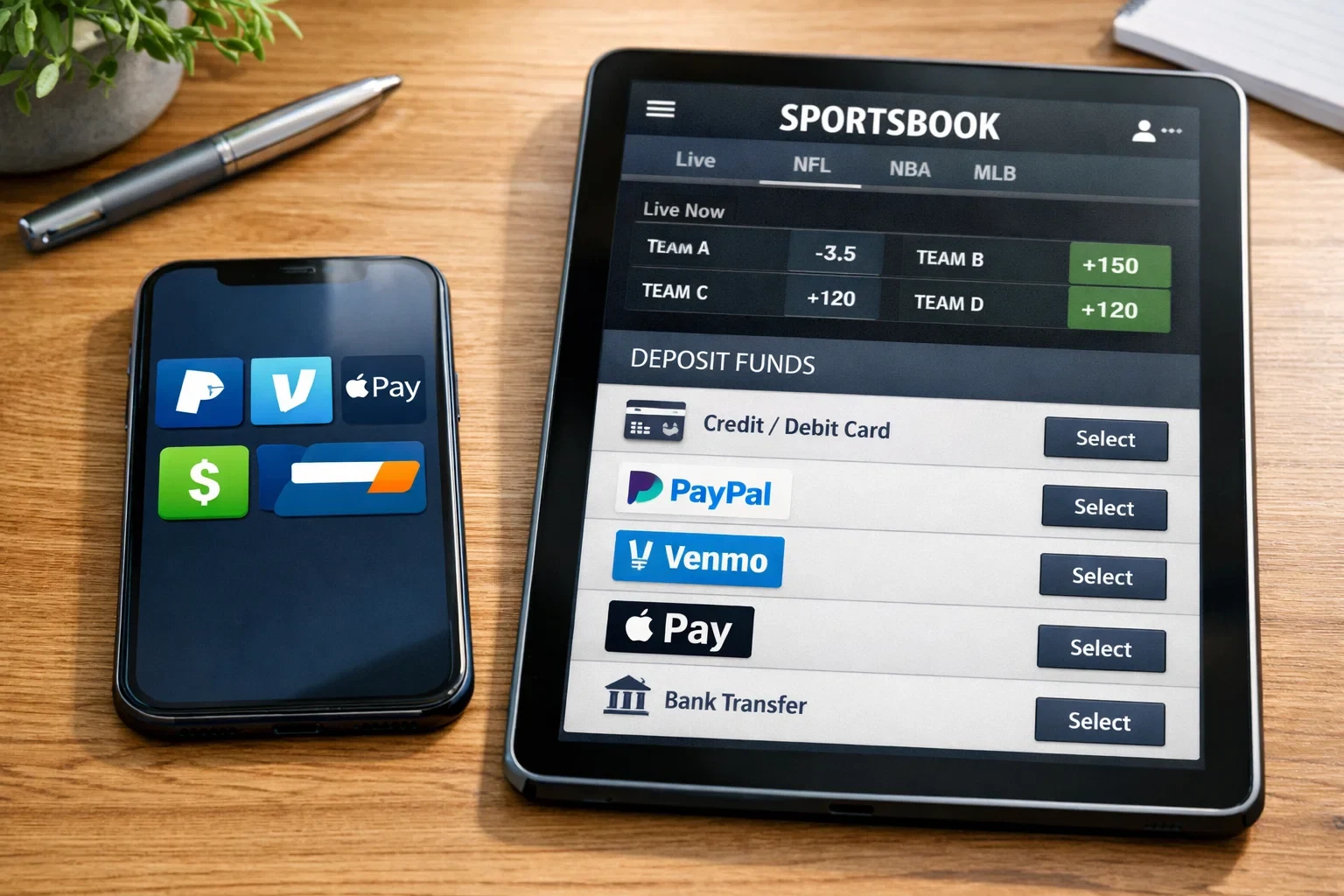 Smartphone displaying PayPal, Venmo and Apple Pay apps next to sportsbook interface