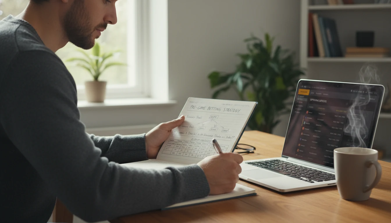 Calm, focused person with notebook reviewing live betting strategy before game starts