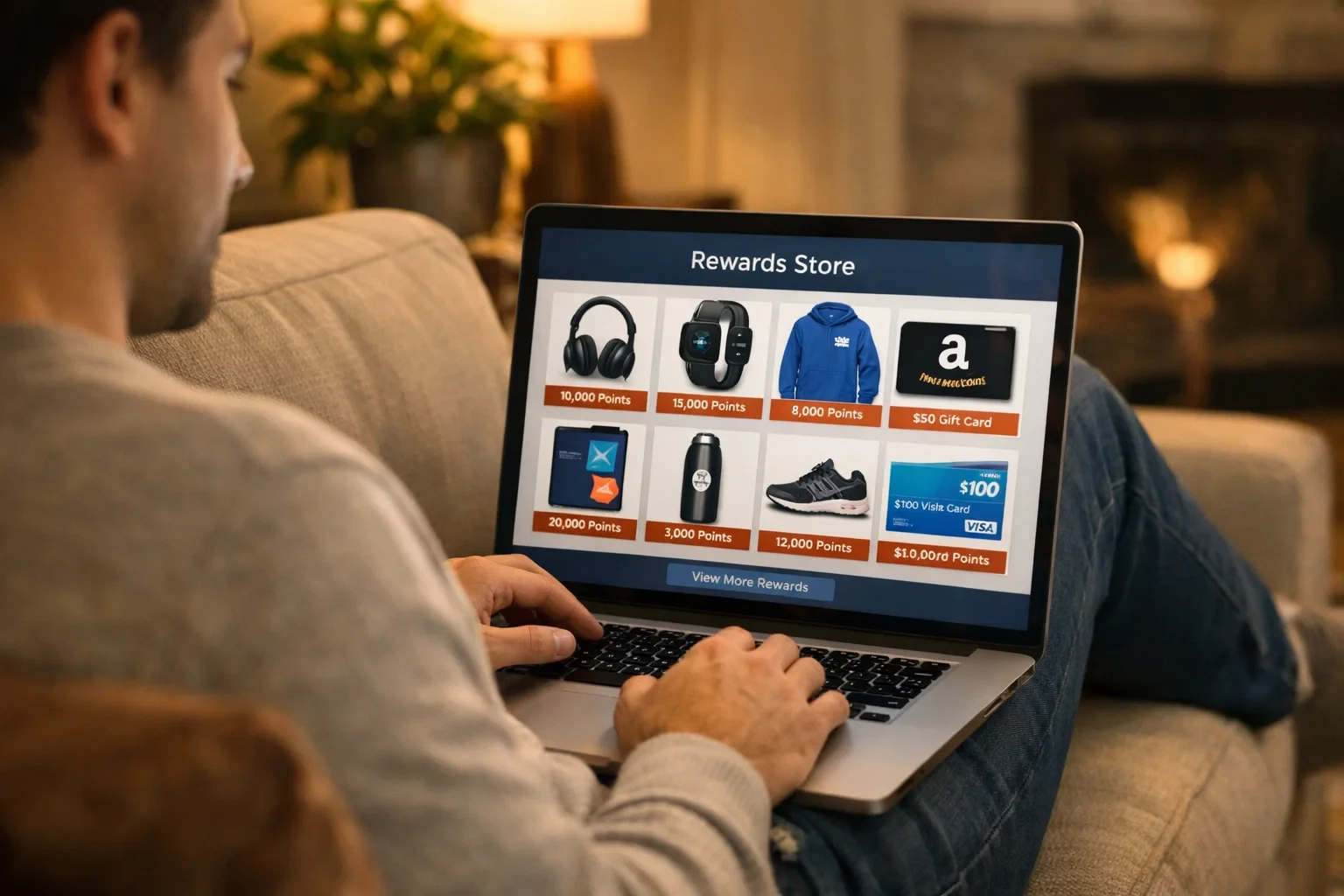 Person browsing DraftKings rewards store on laptop showing merchandise and bonus options