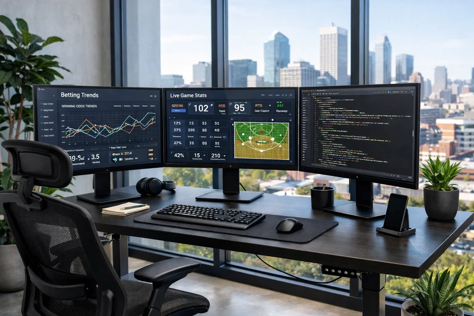 Modern tech office workspace with multiple monitors displaying sports data analytics