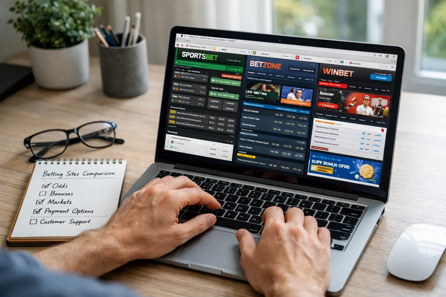 Person researching on laptop with notepad showing checklist for comparing betting platforms