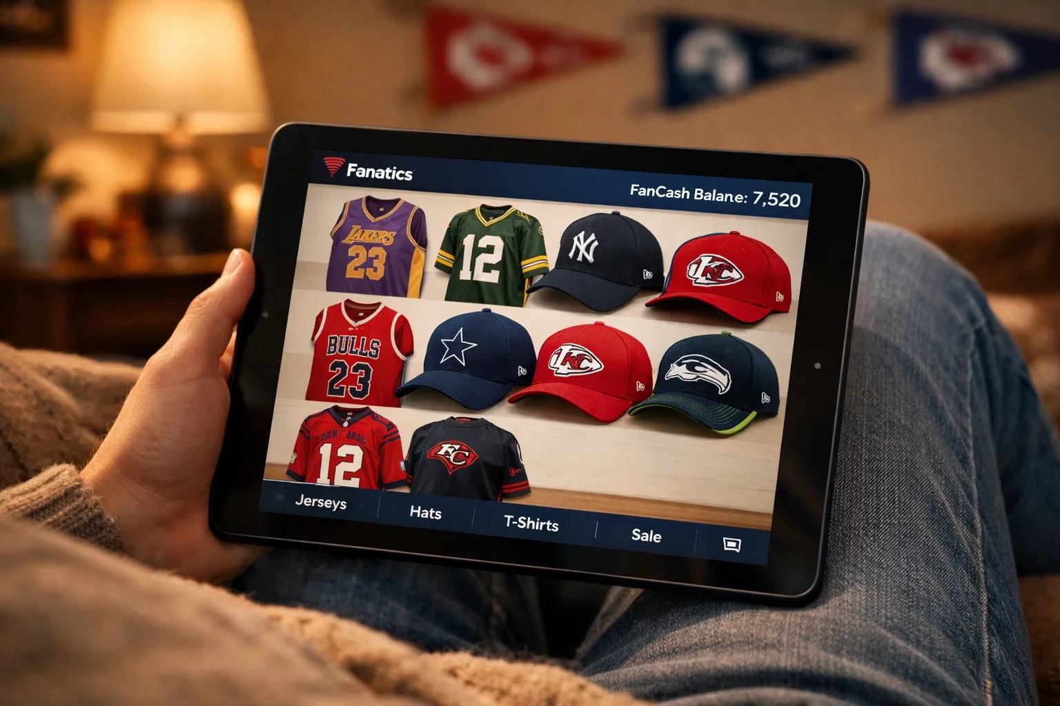 Person browsing sports merchandise on tablet with FanCash rewards points visible on screen