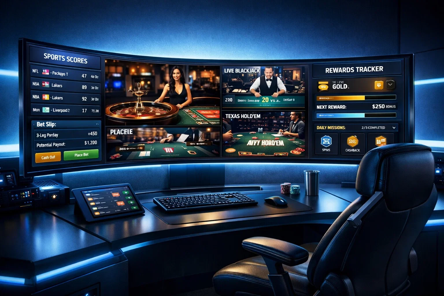 Futuristic control center with multiple screens showing unified sports and casino gaming dashboard