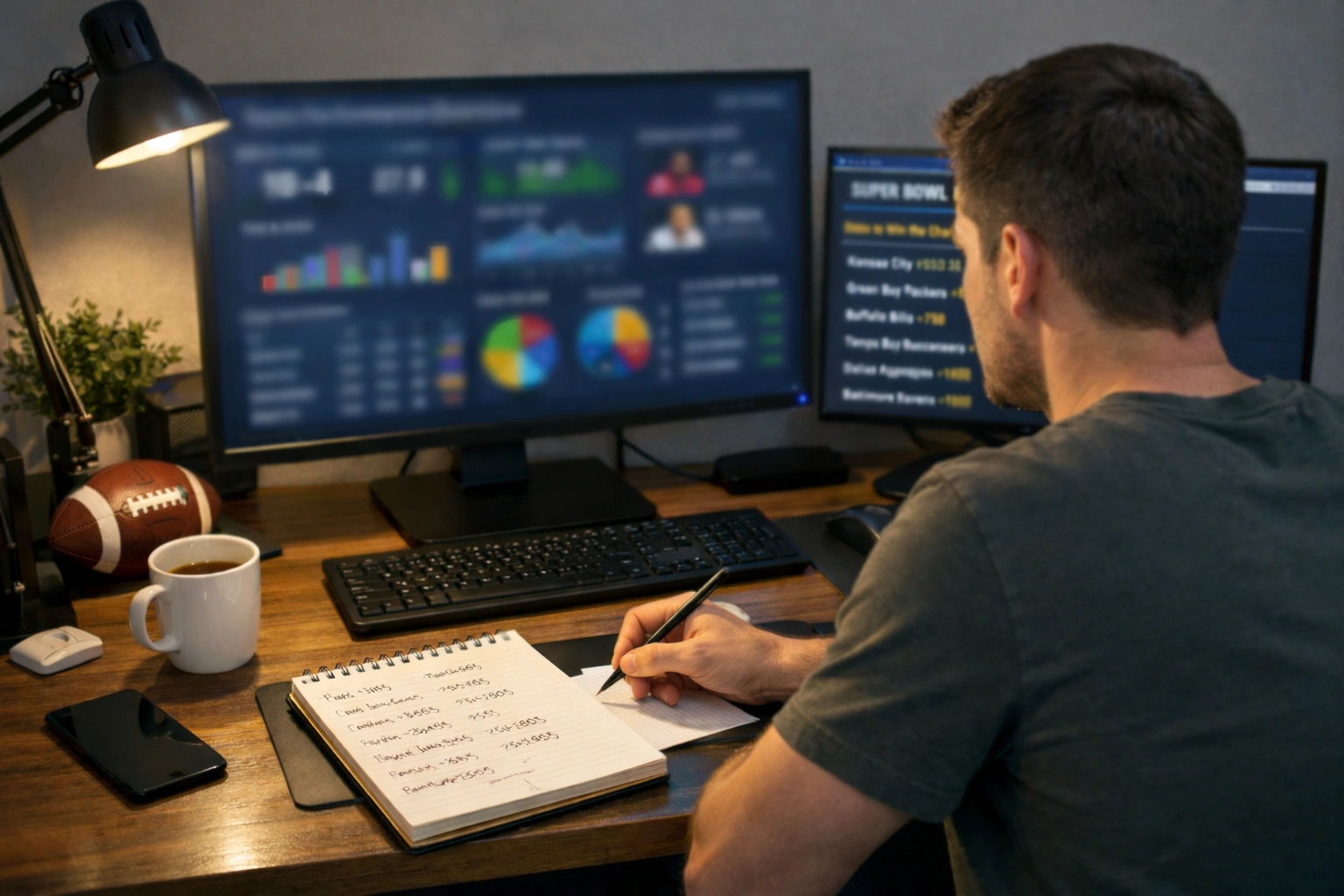 Person analyzing team statistics on computer with Super Bowl futures odds visible on second monitor