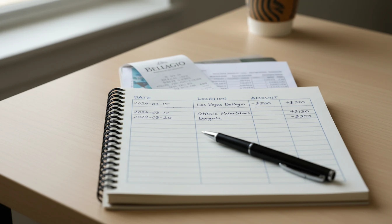 Organized notebook with gambling session records and receipts