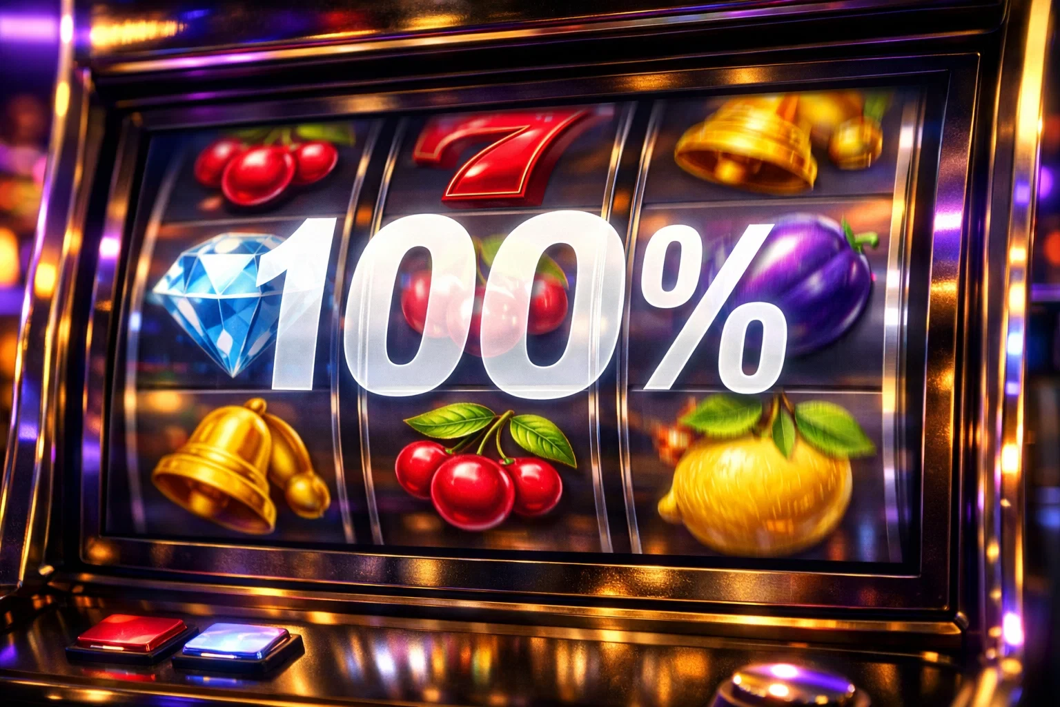 Casino slot machine screen showing colorful game symbols with percentage overlay