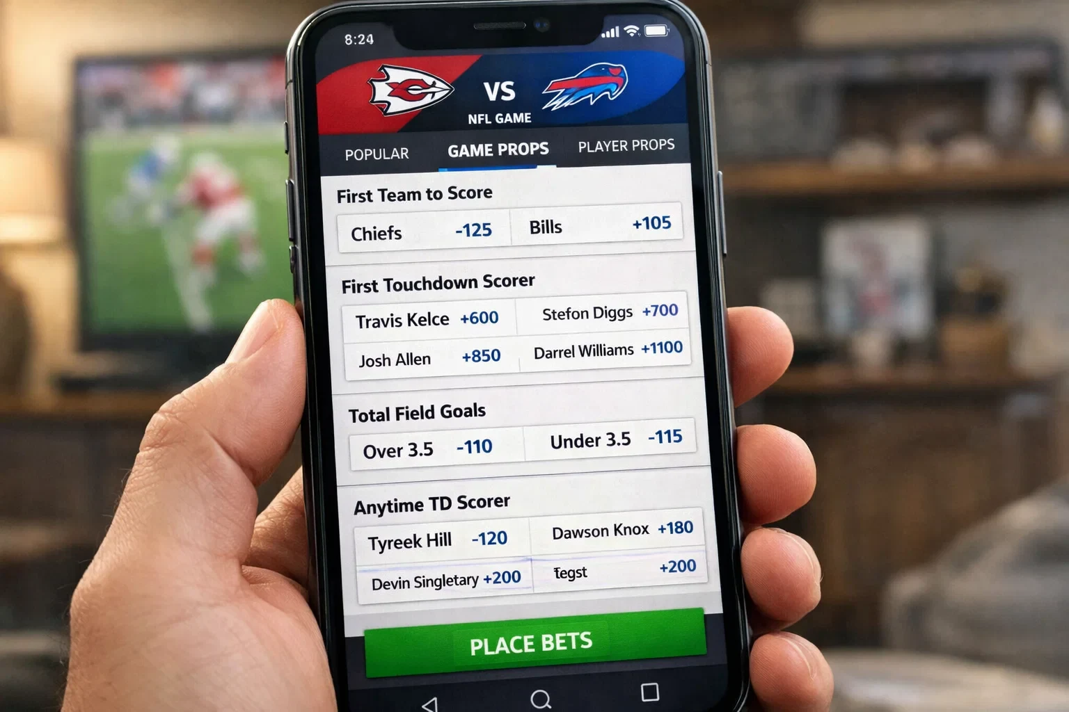 Betting interface showing various game proposition bets including first scorer and scoring methods