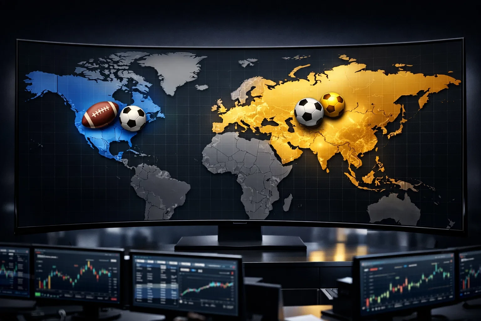 World map with highlighted regions showing US and European sports betting markets
