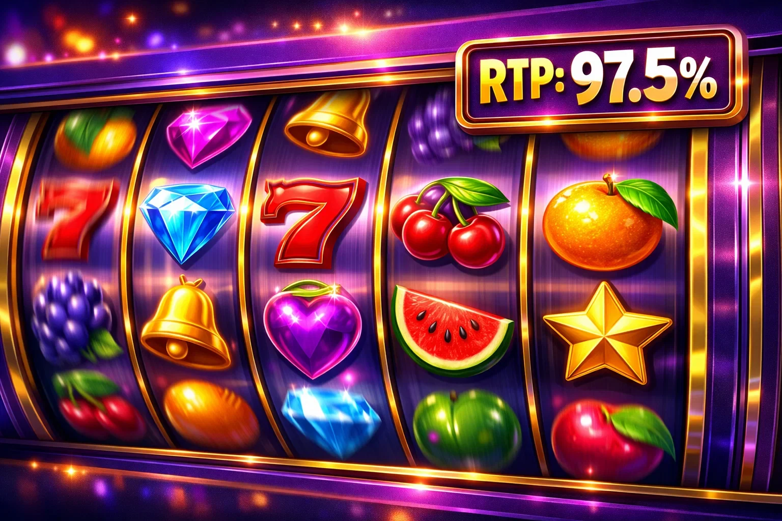 Colorful slot machine display showing 97% RTP indicator with spinning reels