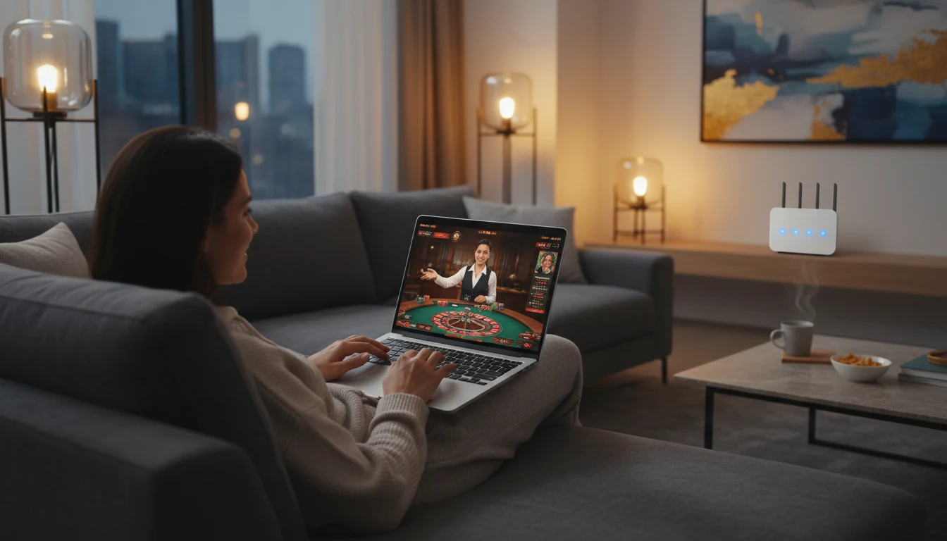 Person enjoying live dealer game on laptop in comfortable home setting with good internet connection