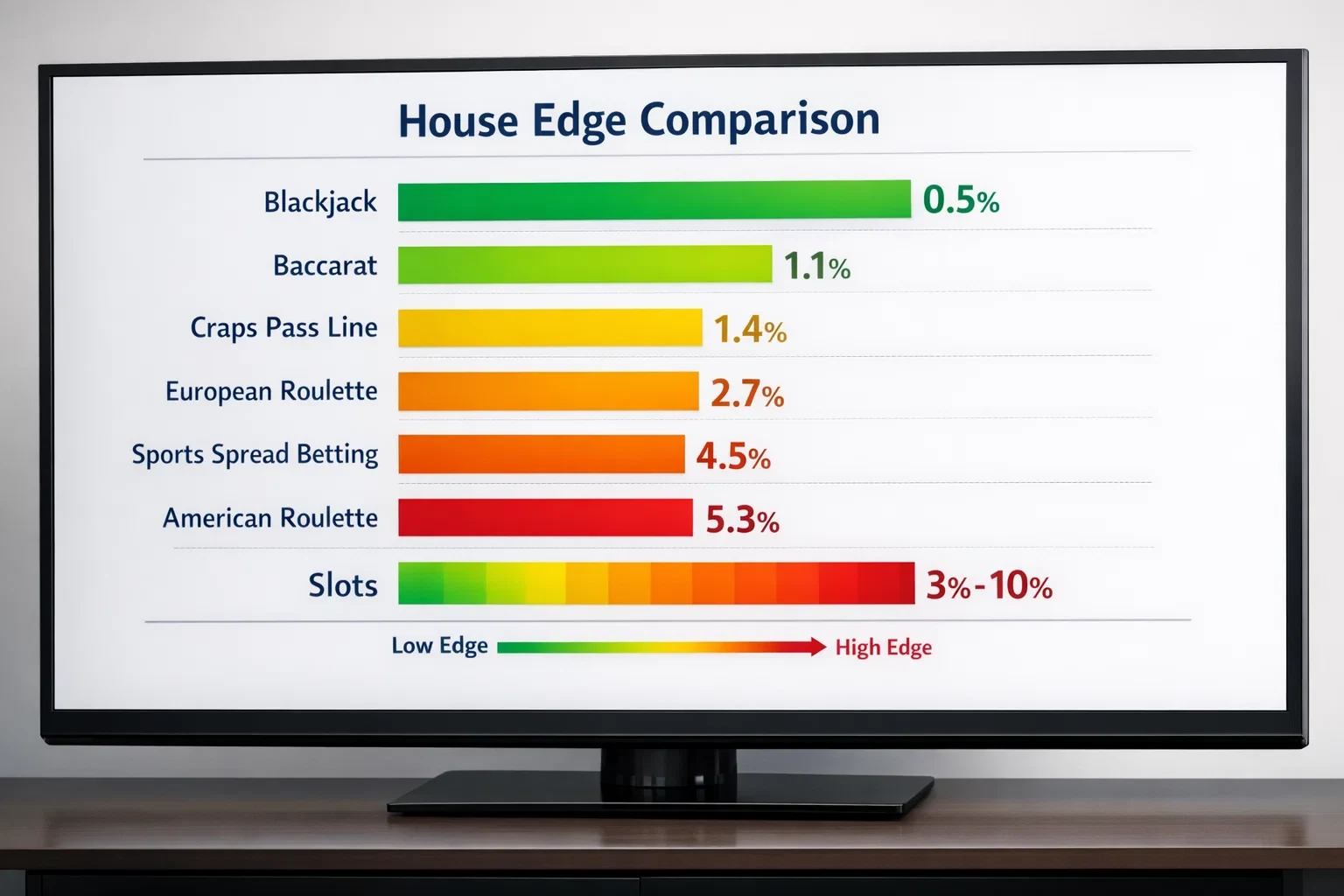Visual comparison chart showing house edge percentages across different casino games and sports bets