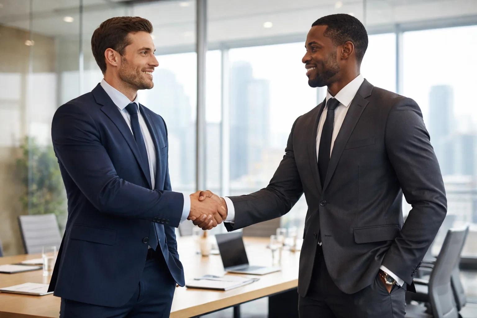 Two business professionals shaking hands in corporate office setting representing merger deal