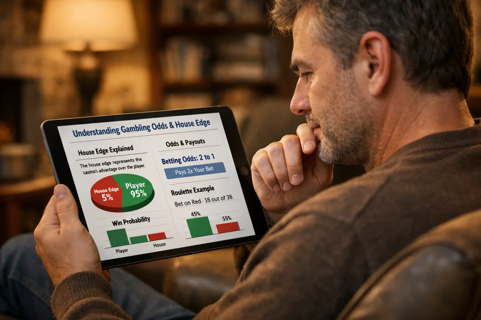 Person thoughtfully reviewing gambling options on tablet with educational content visible