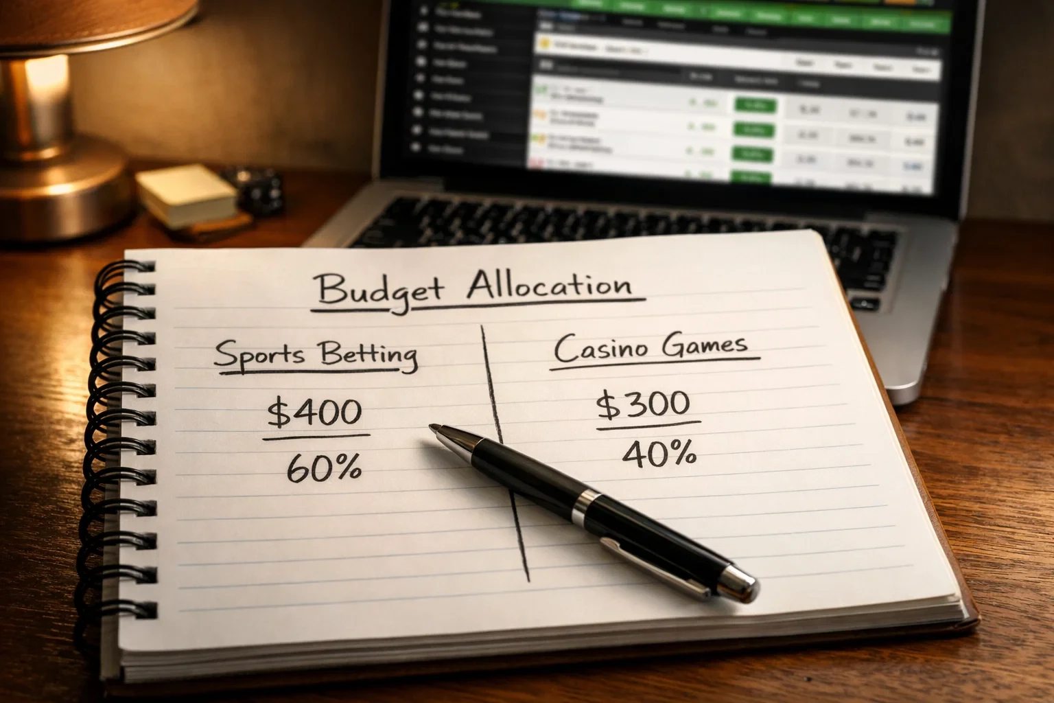 Notebook showing separate budget allocations for sports betting and casino games