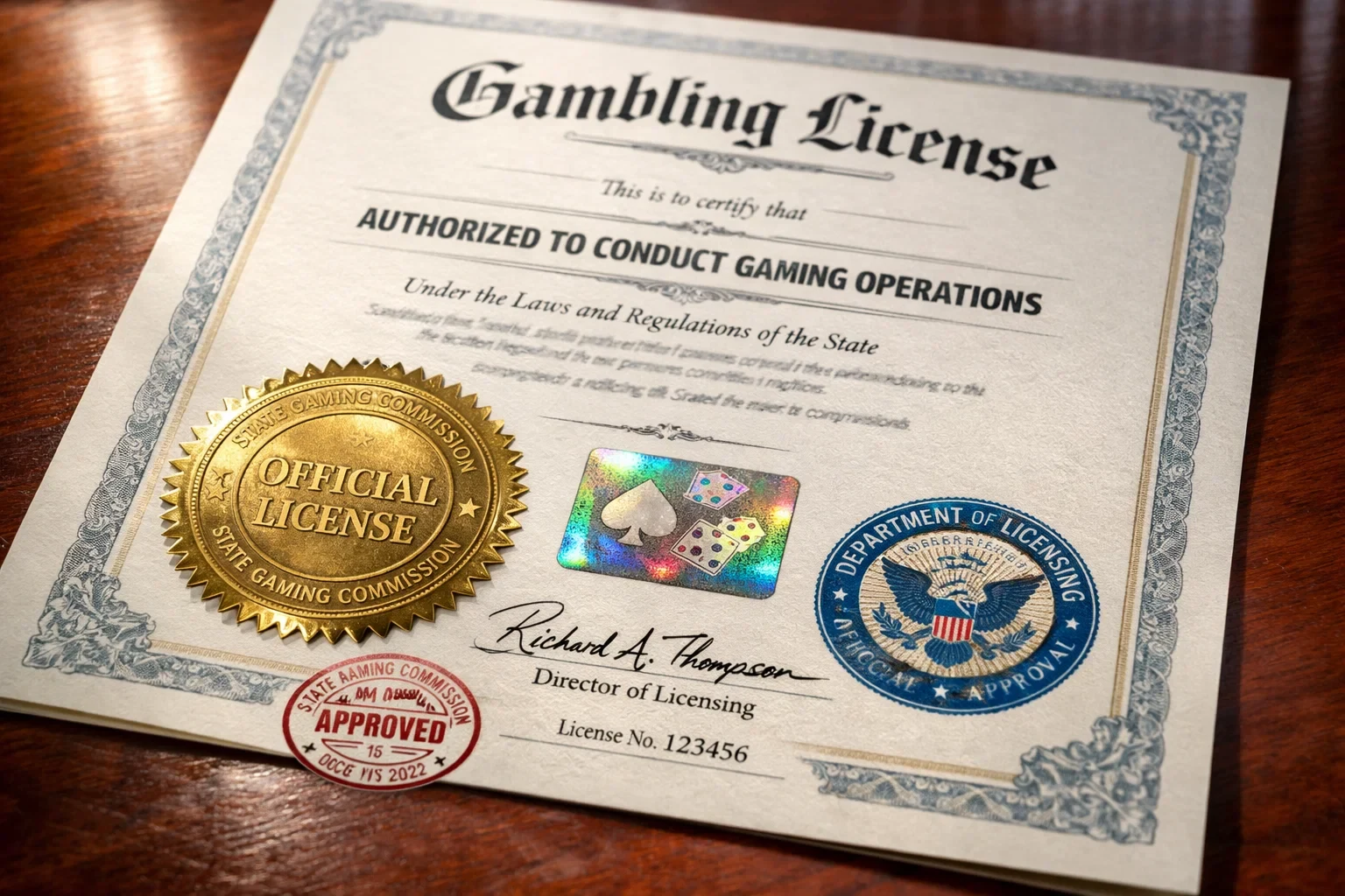 Official gambling license certificate with verification seal