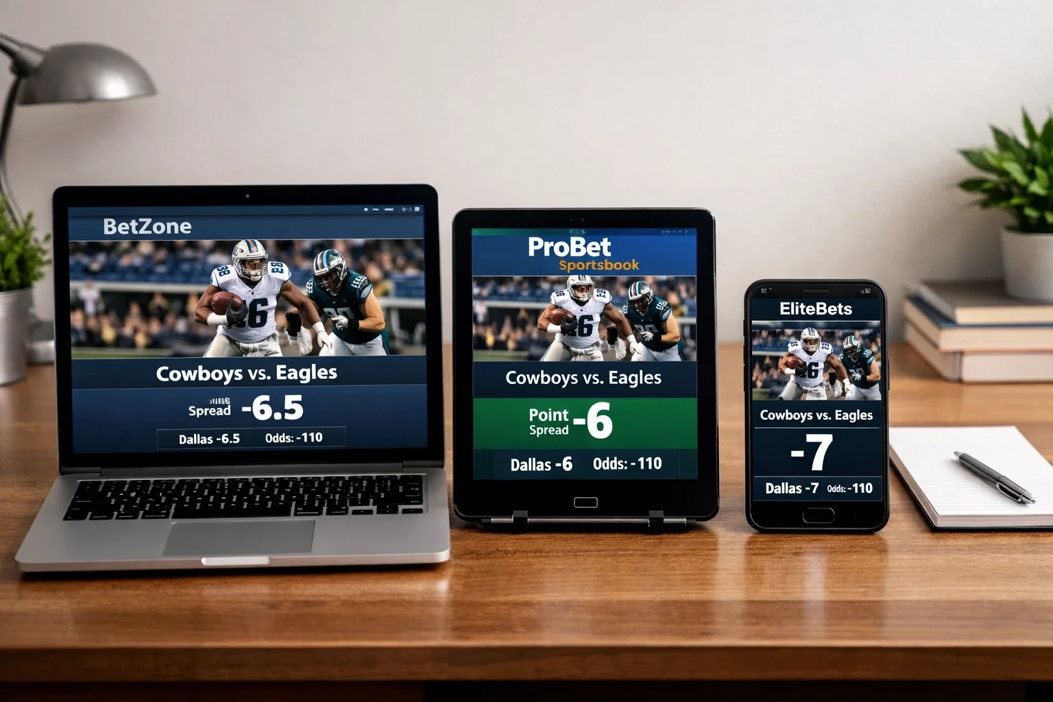 Multiple devices showing same game with different odds from various sportsbooks side by side