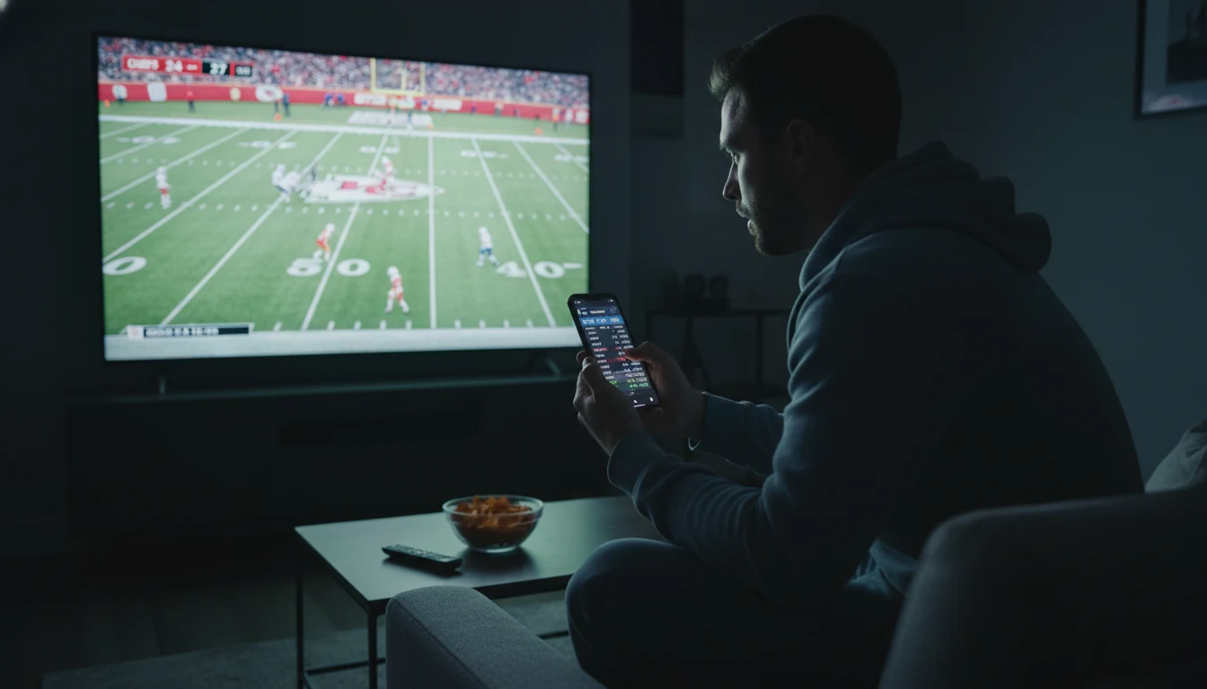 Person watching live football game on TV while checking real-time betting odds on smartphone