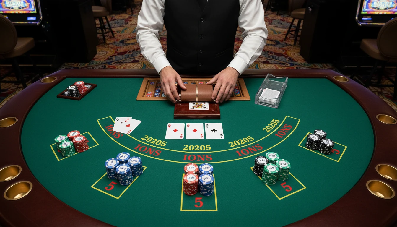 Overhead view of live blackjack table showing dealer hands, cards and multiple betting positions