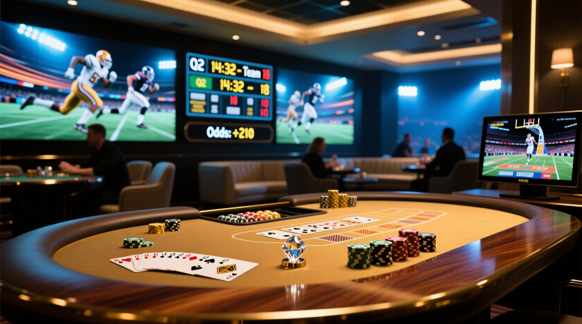 Live casino dealer table with sports betting screens in background