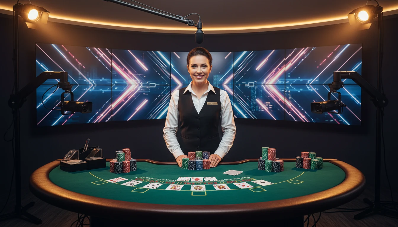 Professional live dealer at blackjack table with cards and chips in HD streaming studio