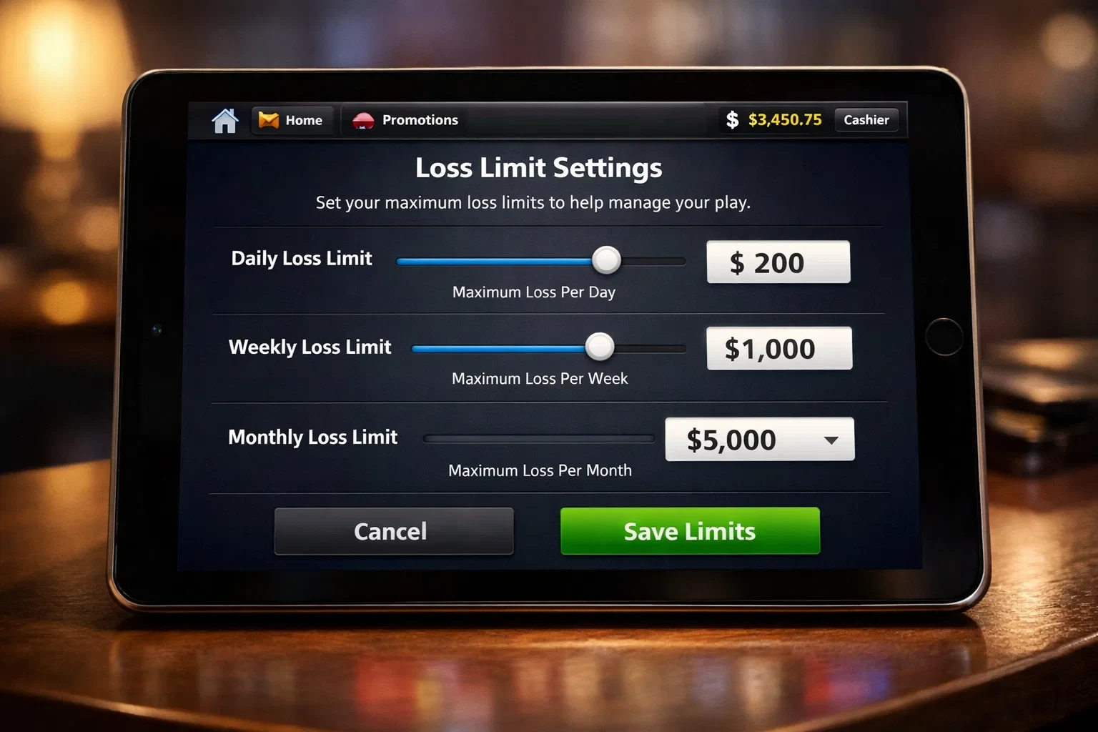 Casino app interface showing loss limit configuration options with daily and weekly settings