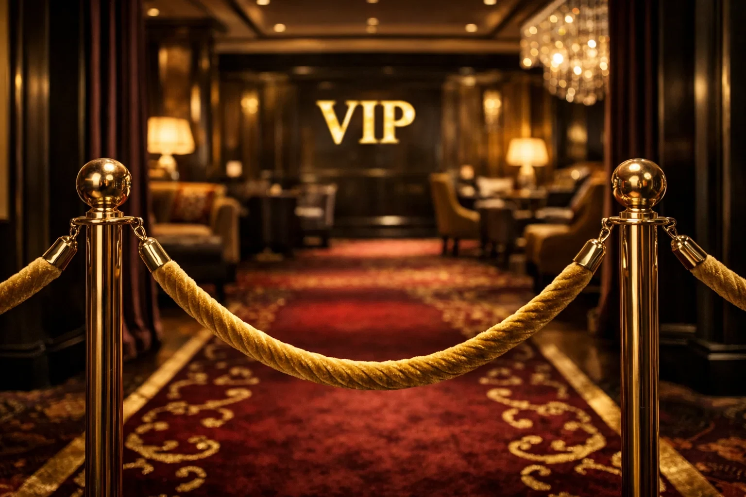 VIP lounge entrance with gold velvet rope and exclusive rewards display