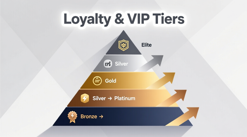 Loyalty VIP tiers progression pyramid showing bronze silver gold platinum elite levels with tier benefits