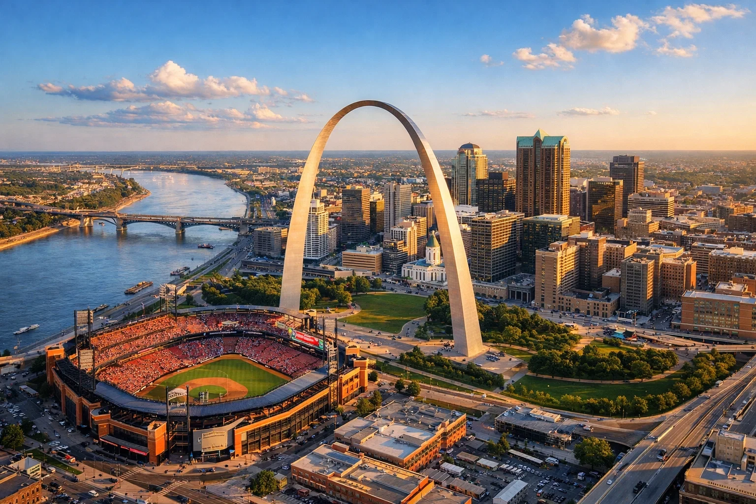 Aerial view of St. Louis Gateway Arch with sports stadium visible representing Missouri market