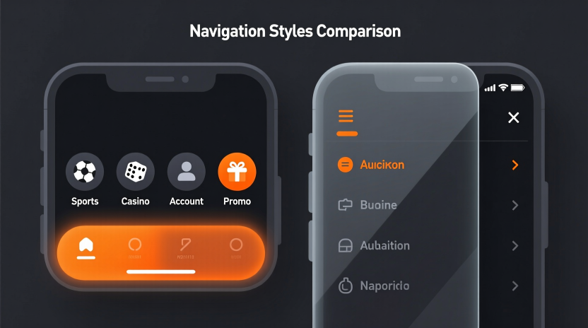 Split-screen comparison showing bottom navigation bar approach on left side and hamburger menu on right side of mobile apps