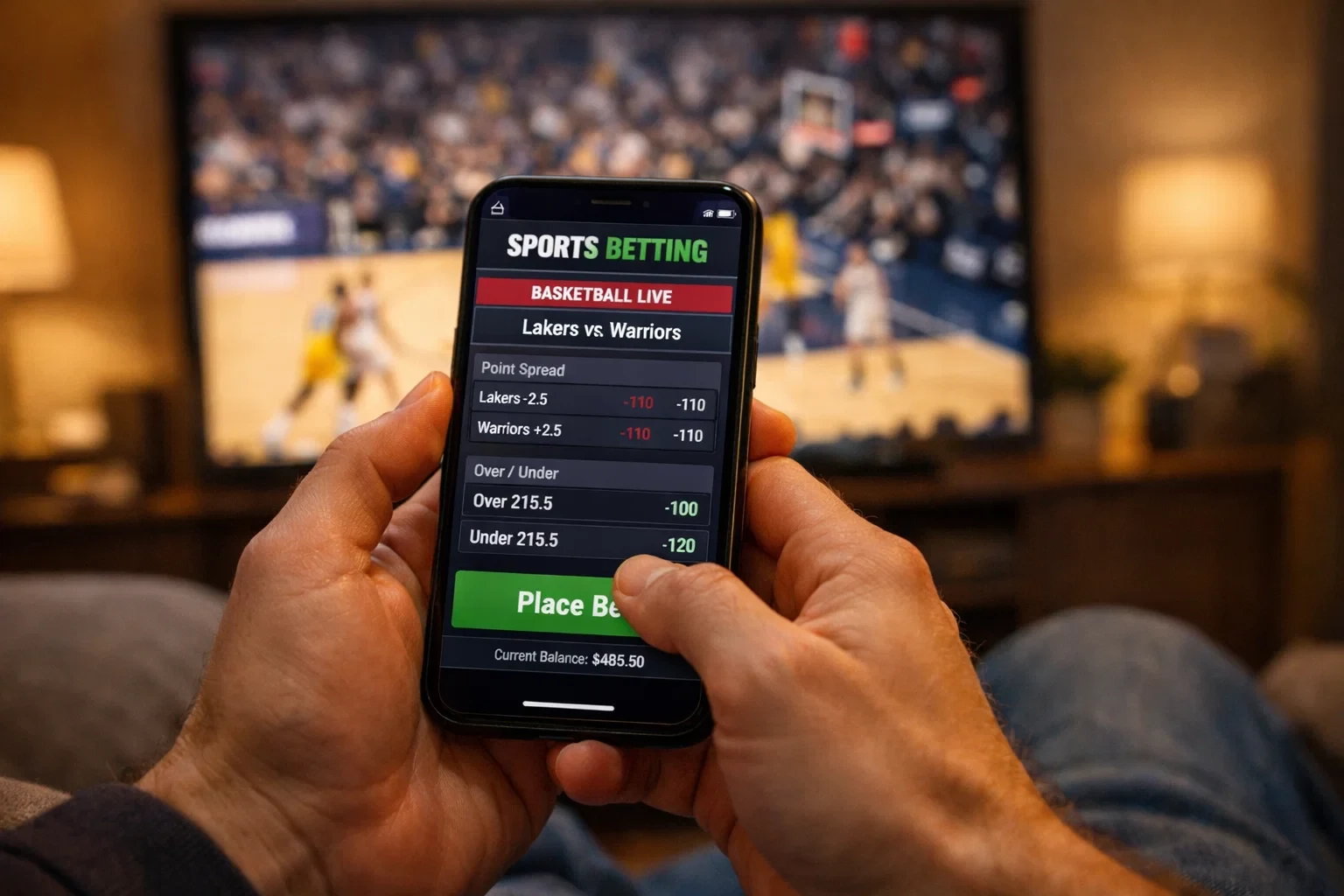 Person using smartphone betting app with sports game on TV in background