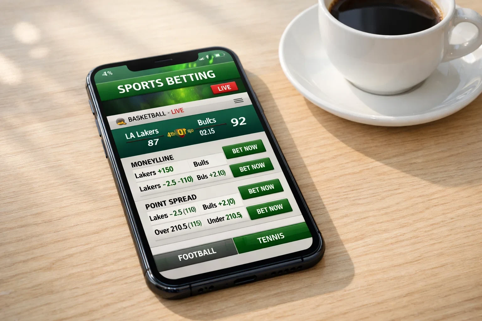 Smartphone displaying sports betting app on table next to coffee cup in modern setting