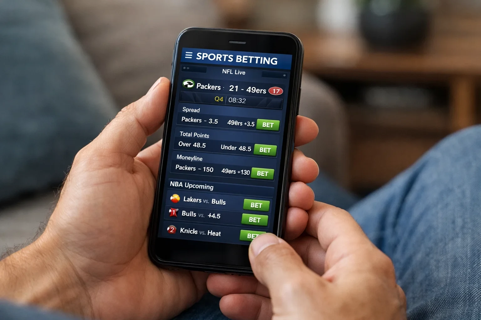 Person using a sports betting application on a smartphone