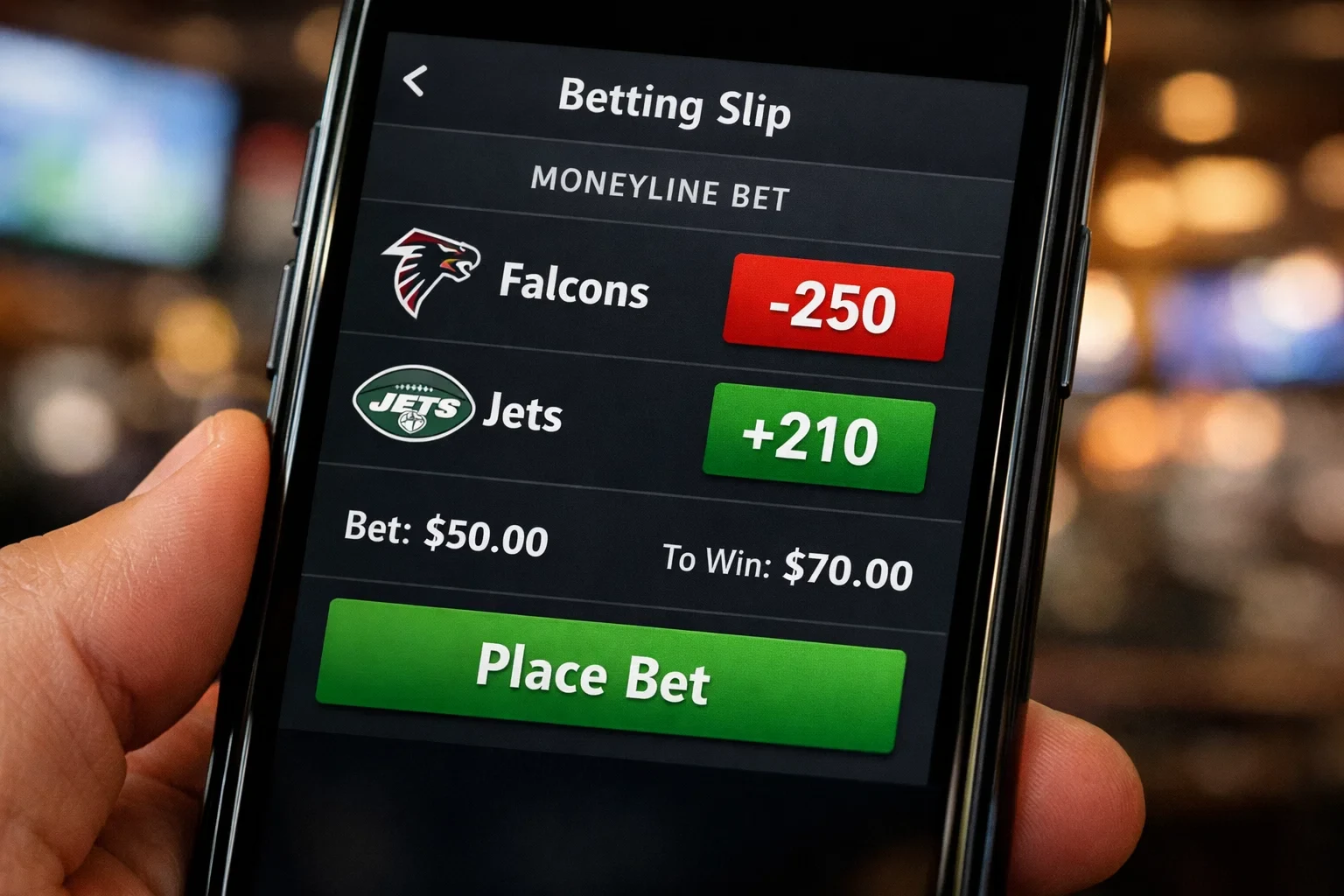 Close-up of betting slip showing moneyline odds with favorite and underdog clearly marked